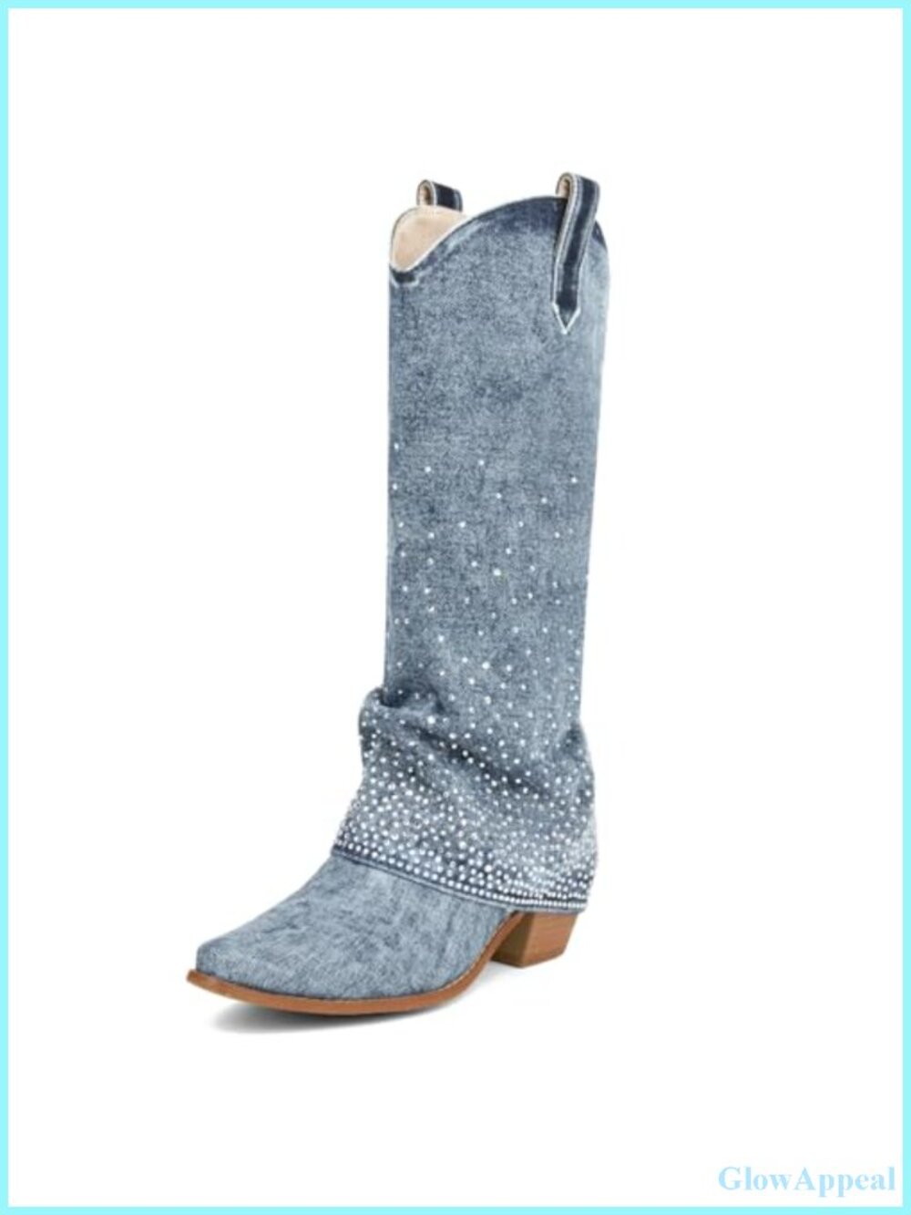 Rhinestone Denim Fold Over Knee High Cowboy Boots Women